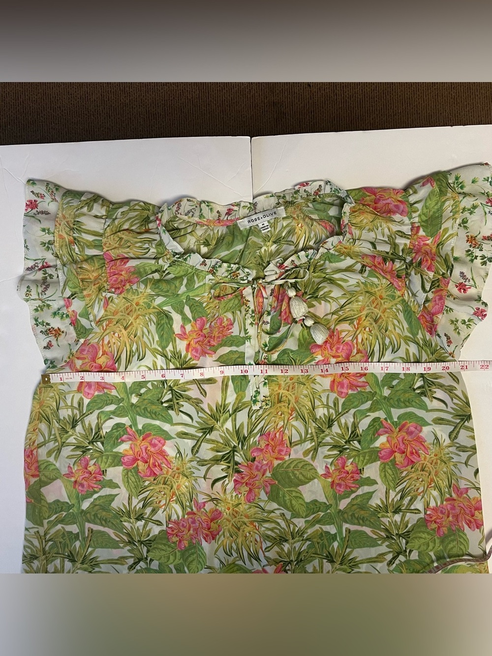 Rose + Olive Boho Fairy Blouse Medium Tropical Resort Flowy Short Flutter Sleeve - Picture 6 of 13
